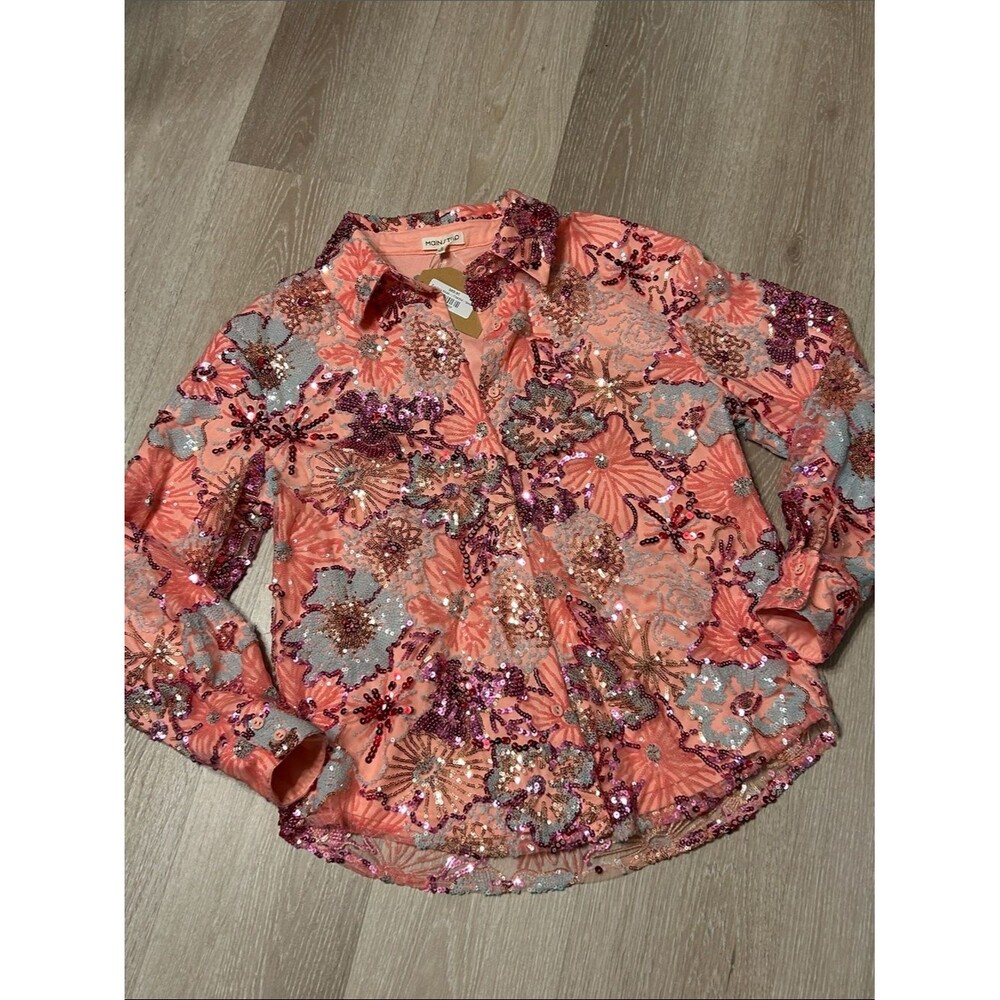 Main Strip NWT Coral Sequin Embellished Floral Button-Down Shirt Sz Small